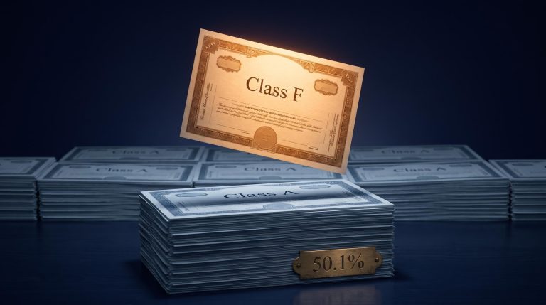Single Class F share certificate elevated above stacked Class A shares illustrating dual-class share voting power split