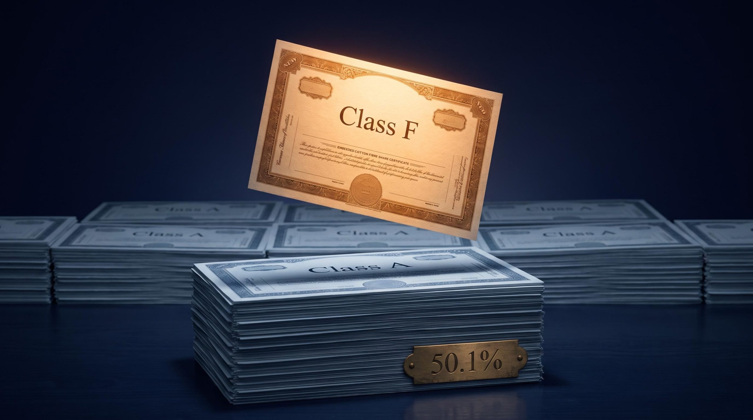 Single Class F share certificate elevated above stacked Class A shares illustrating dual-class share voting power split