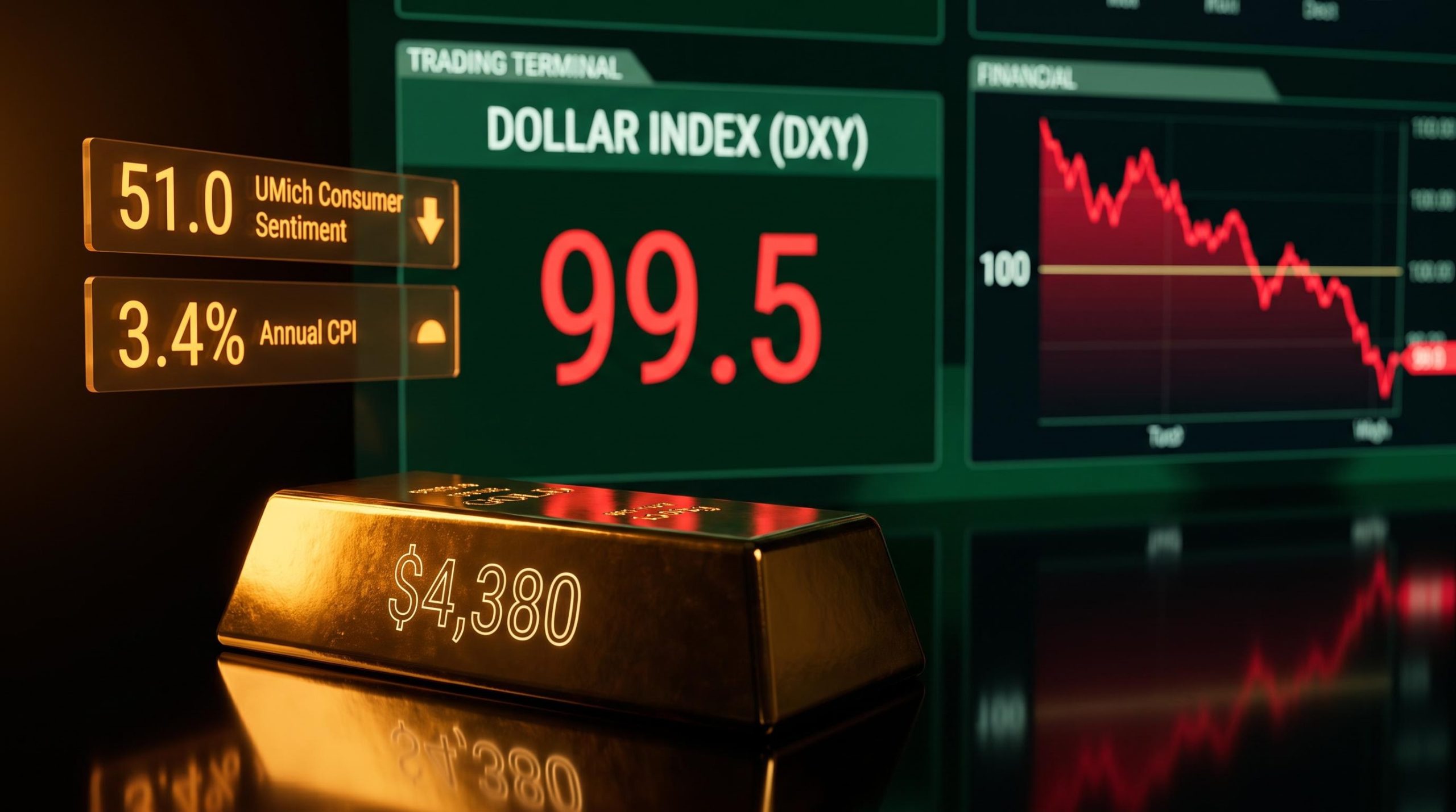 DXY breaks below 100 as gold nears $4,380 amid UMich sentiment crash to 51.0 and fading Fed hike bets