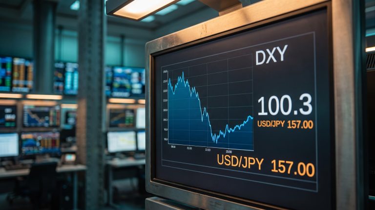 DXY trading terminal showing 100.3 recovery level and USD/JPY 157.00 after Fed rate hike dollar rebound