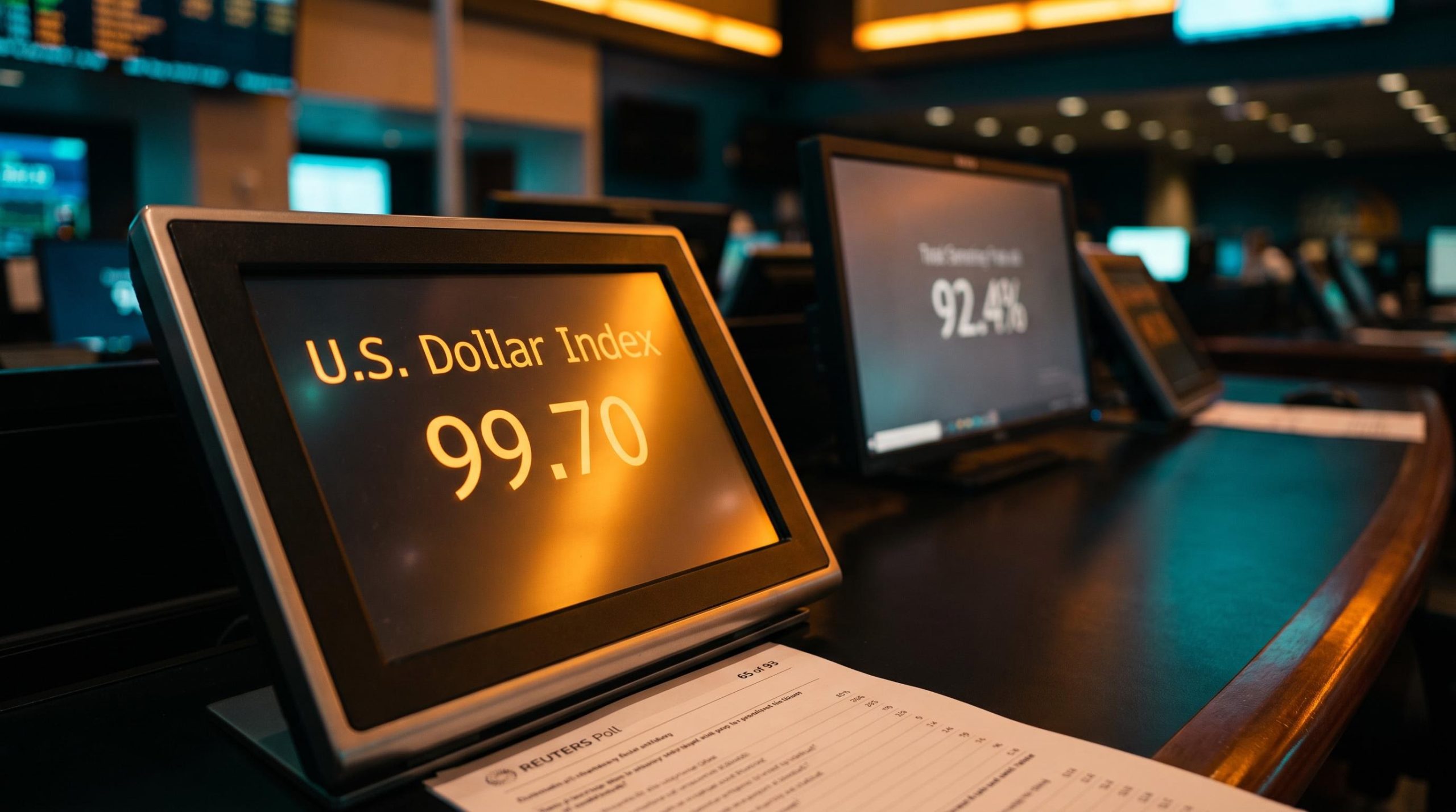 DXY at 99.70 on trading terminal as Fed rate hike decision looms with 92.4% market-implied odds