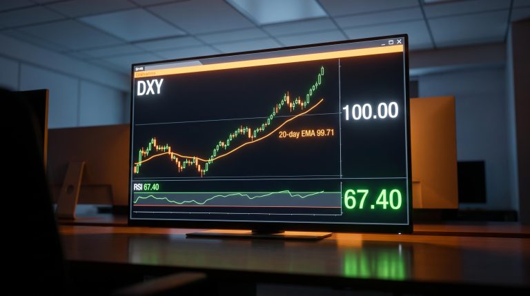 DXY technical analysis chart showing 20-day EMA at 99.71 and RSI reading 67.40 on institutional trading terminal