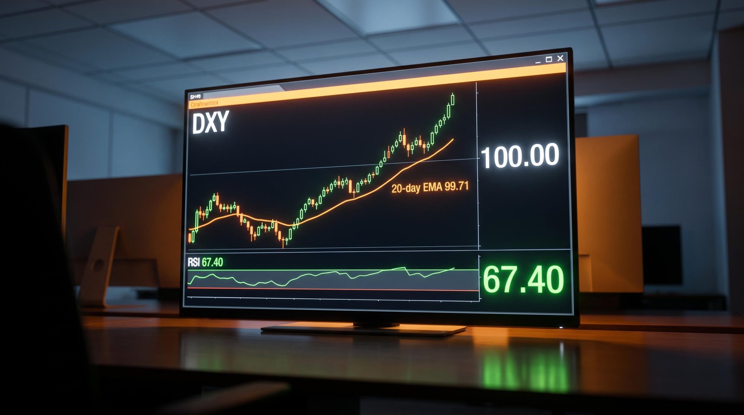 DXY technical analysis chart showing 20-day EMA at 99.71 and RSI reading 67.40 on institutional trading terminal