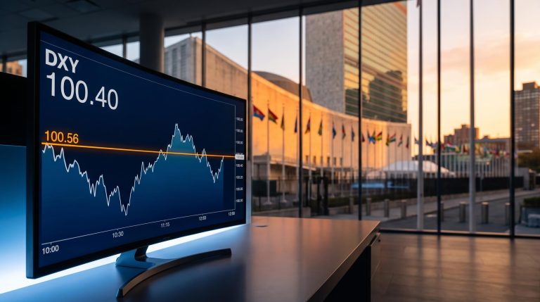 DXY trading terminal showing 100.40 with UN General Assembly building visible through glass — dollar technical outlook