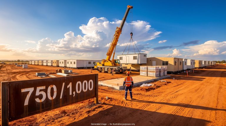 Workforce accommodation village with new modules added and a 750 / 1,000 sign, illustrating early scope expansion in contracts