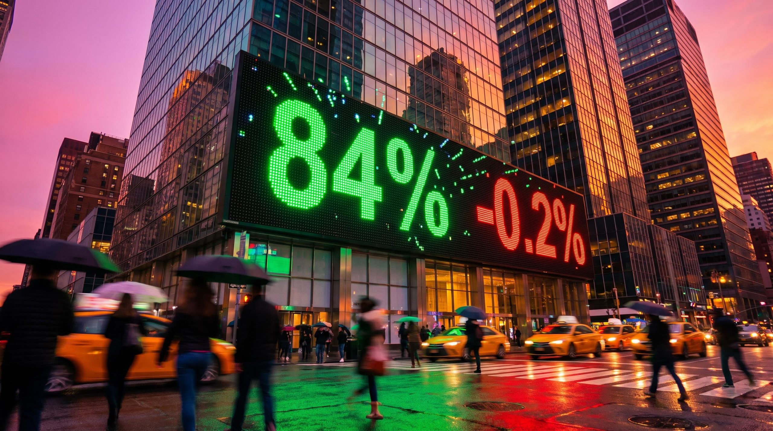 Stock ticker board showing 84% beat rate beside -0.2% as earnings beats stock reaction diverge on a Manhattan street
