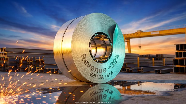 Steel coil engraved with revenue up 39% and EBITDA up 51%, illustrating earnings season signals behind headline numbers