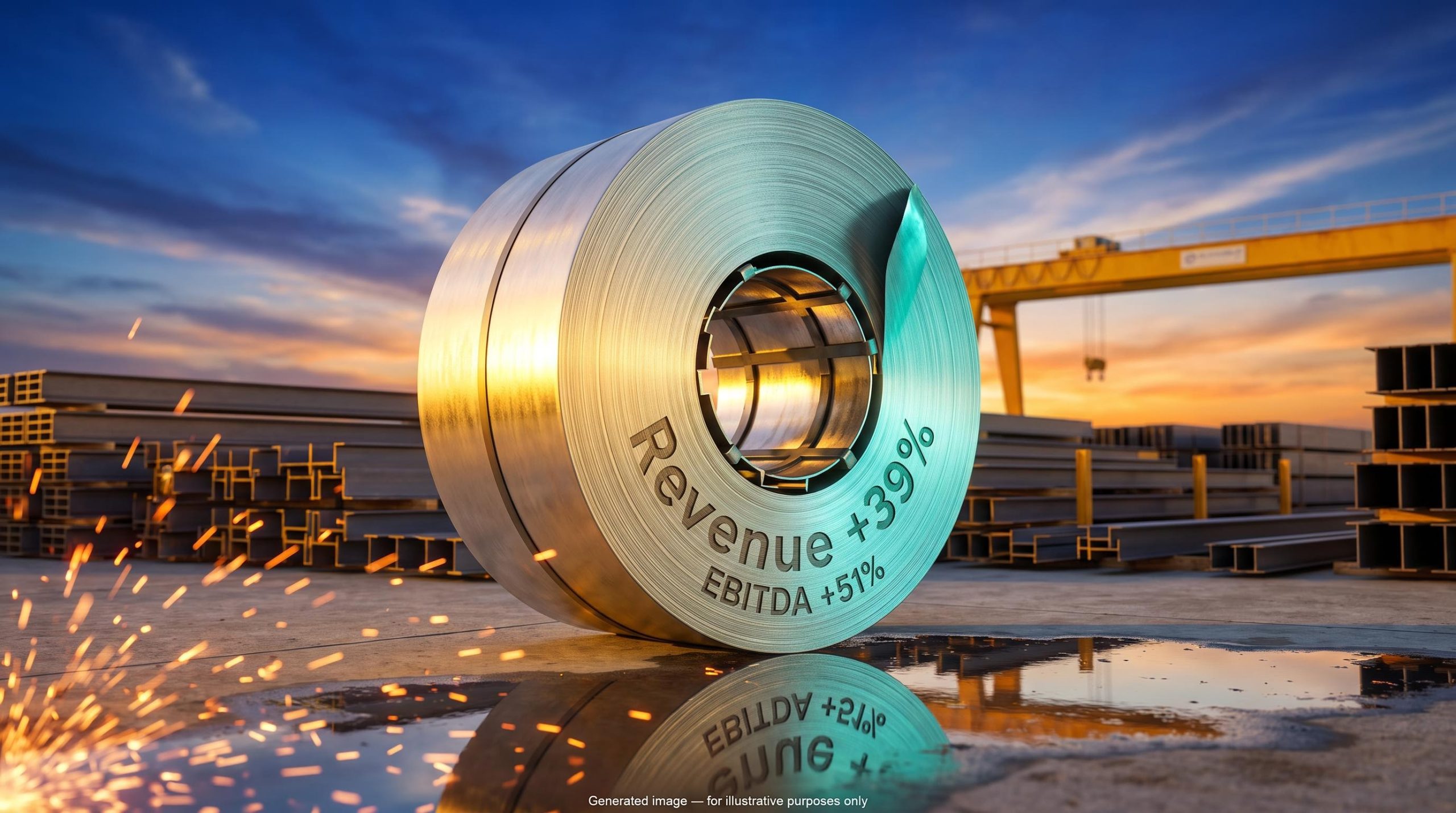 Steel coil engraved with revenue up 39% and EBITDA up 51%, illustrating earnings season signals behind headline numbers