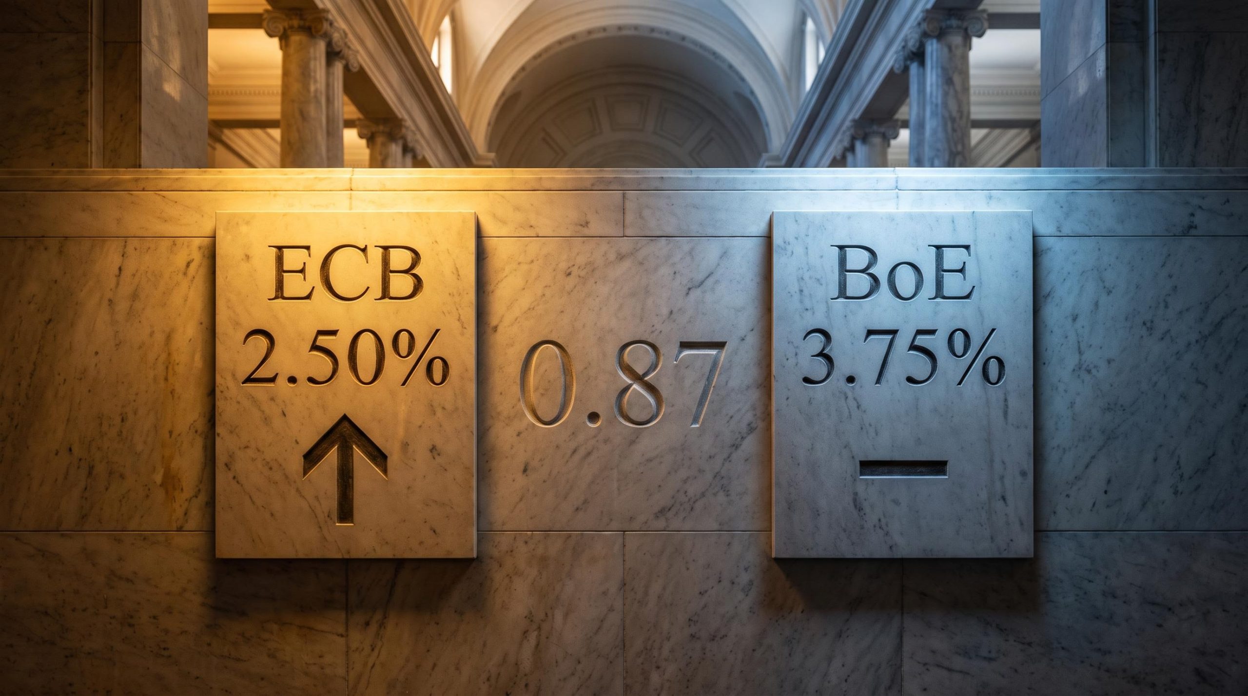 ECB 2.50% rate card versus BoE 3.75% in marble central bank interior, EUR/GBP divergence analysis
