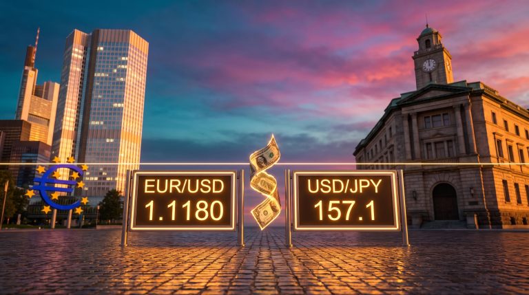 ECB BoJ rate decision: Frankfurt and Tokyo central banks beside EUR/USD 1.1180 and USD/JPY 157.1 boards stuck in range