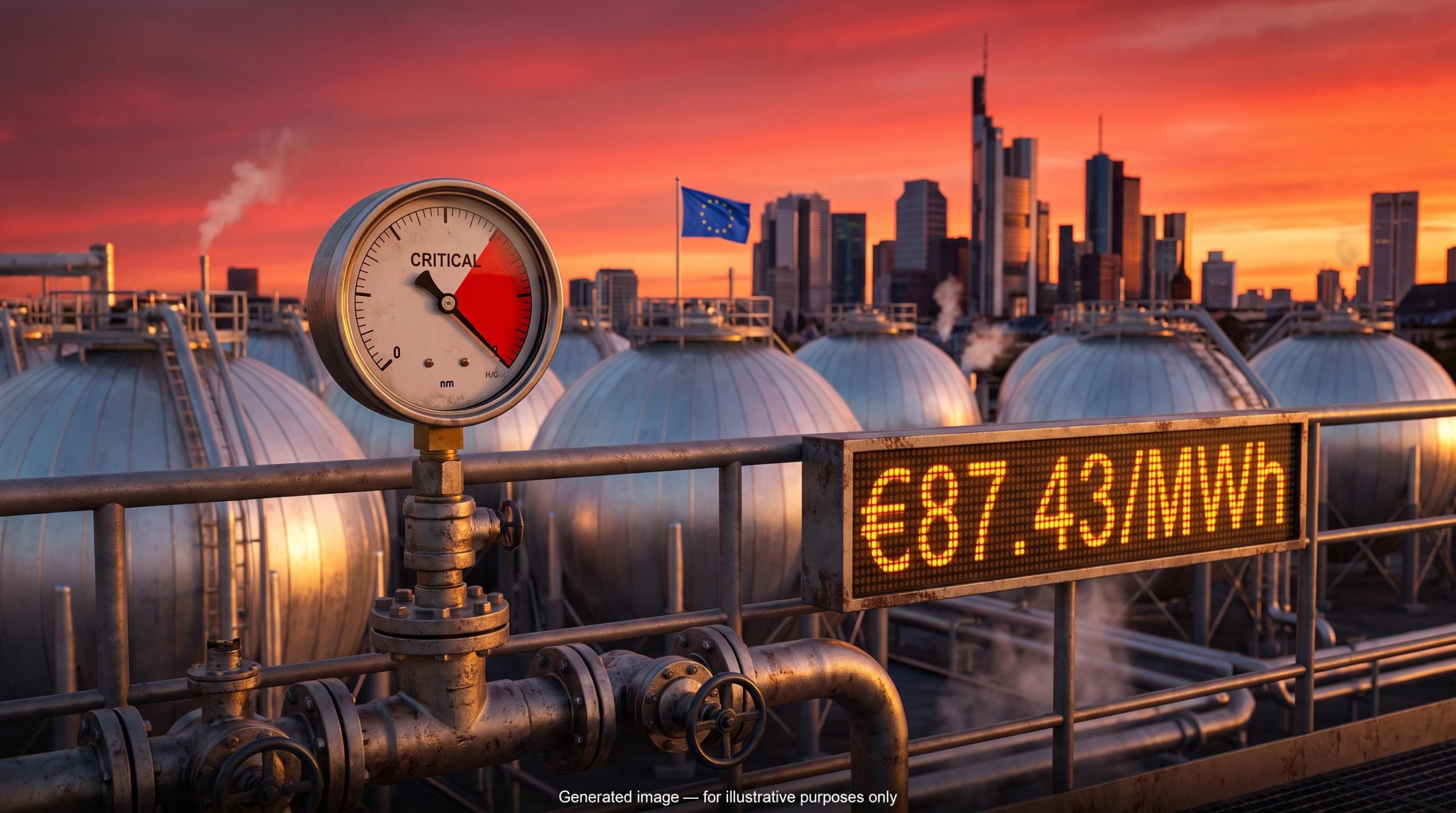 Gas storage tanks with pressure gauge and €87.43/MWh sign as ECB inflation and bond yields pressure builds