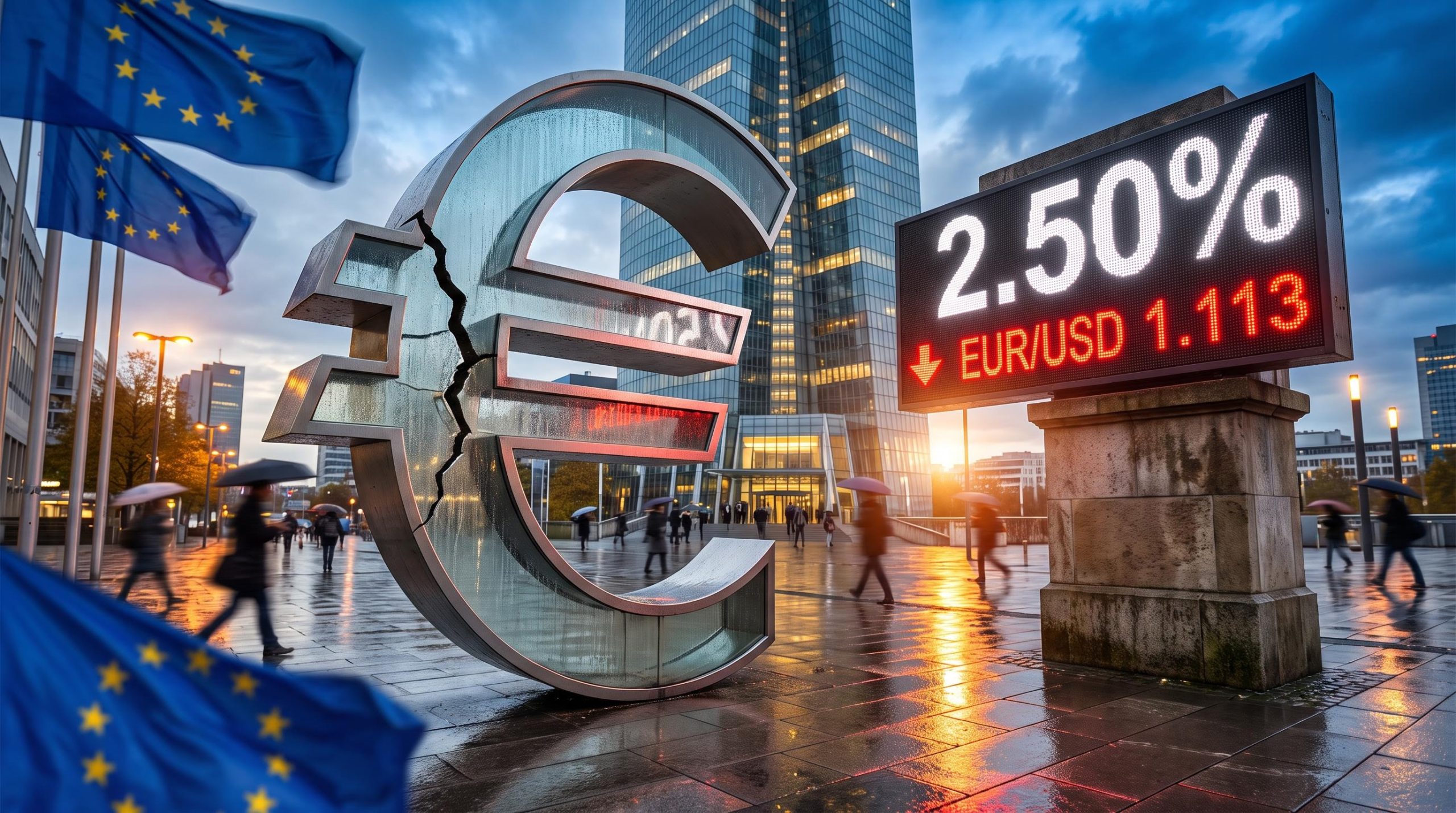 ECB interest rate decision: cracked Euro sculpture before Frankfurt tower, ticker showing 2.50% as EUR/USD slips