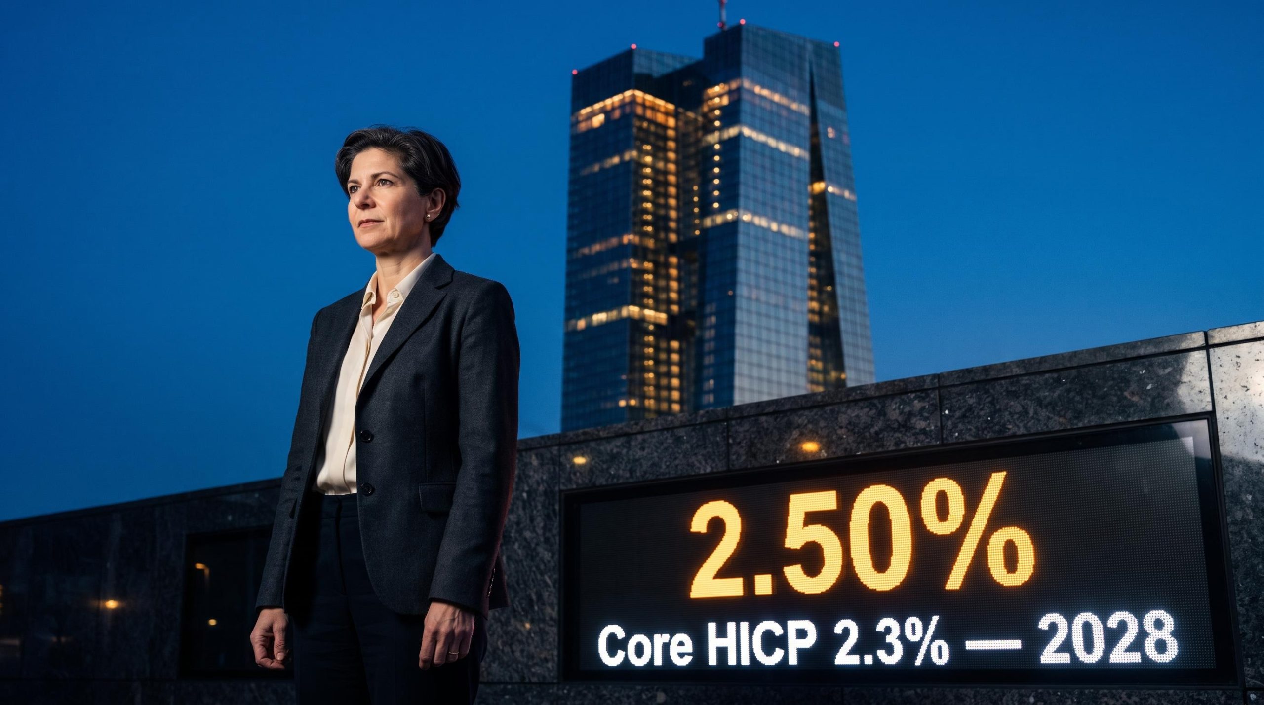 Isabel Schnabel at ECB Frankfurt HQ with deposit rate 2.50% and core inflation 2028 projection displayed
