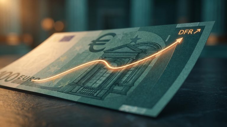 Oversized euro banknote with rising amber OIS yield curve etched across it, symbolising ECB monetary policy tools