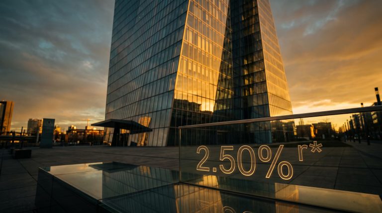 ECB Frankfurt tower at golden hour with 2.50% deposit rate and r* neutral rate threshold rendered on glass facade