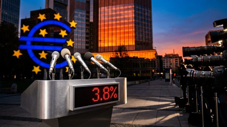 ECB October meeting preview: press-conference microphones before a glowing Frankfurt tower with 3.8% inflation reading