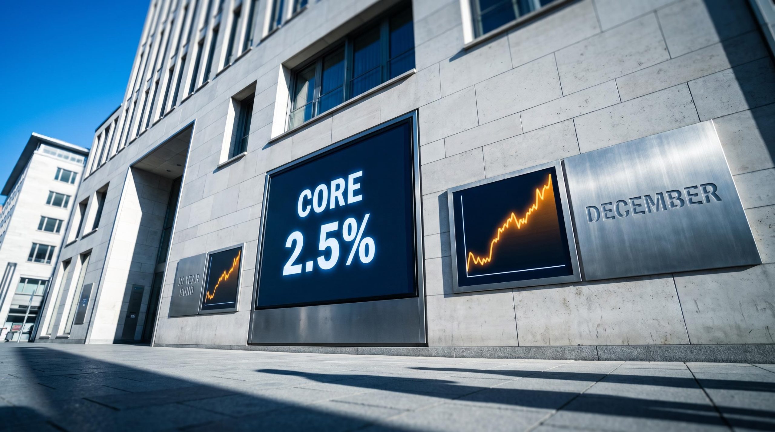 ECB Frankfurt facade with core inflation 2.5% and Bund yield spike signalling December rate decision outlook