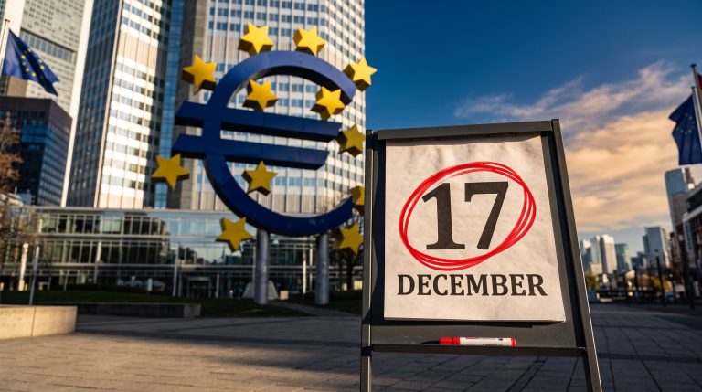 ECB rate hike December decision: calendar date 17 December circled in red before the euro sculpture in Frankfurt