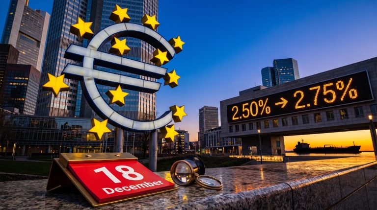 Illuminated euro sign sculpture in Frankfurt at dusk with rate ticker 2.50% to 2.75% ahead of an ECB rate hike in December