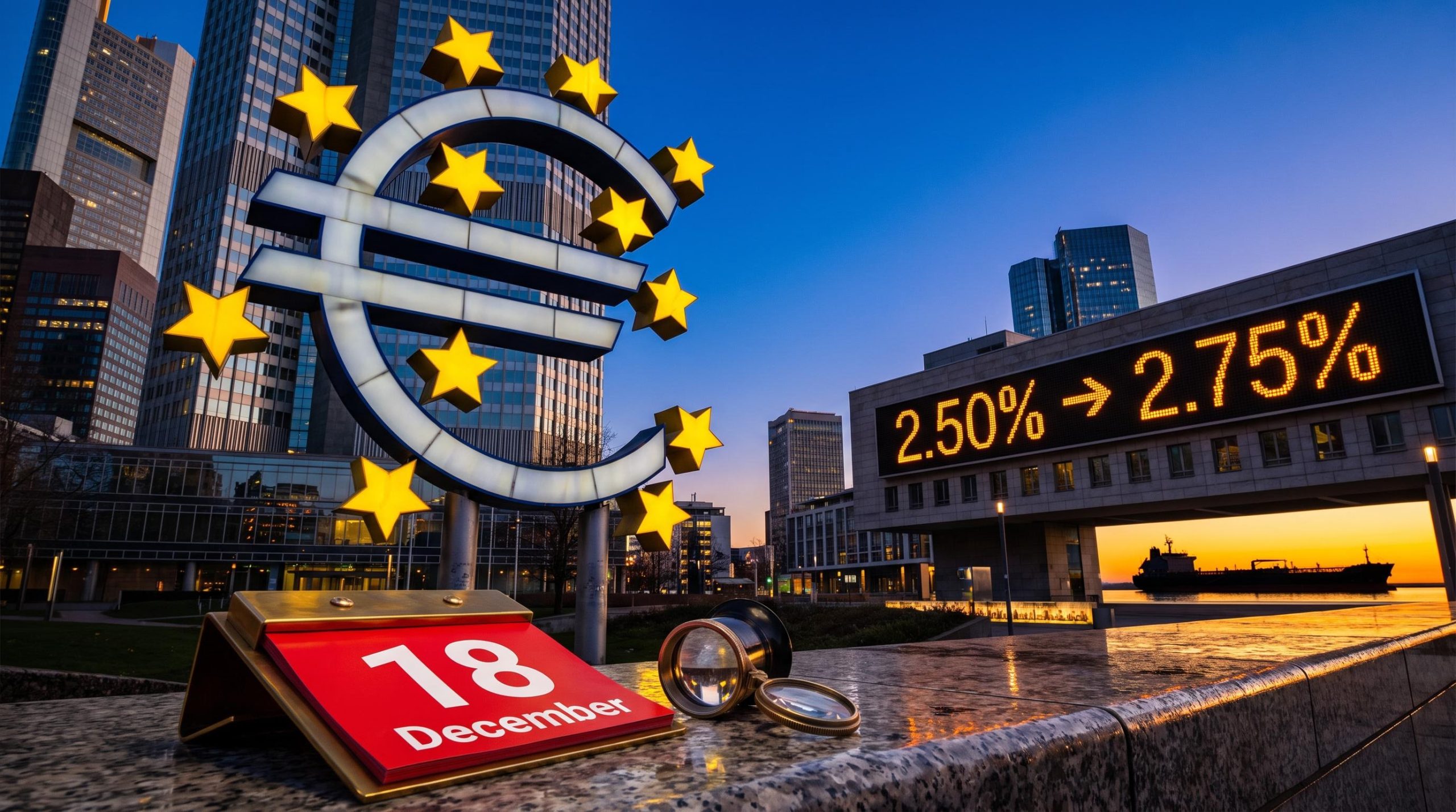 Illuminated euro sign sculpture in Frankfurt at dusk with rate ticker 2.50% to 2.75% ahead of an ECB rate hike in December
