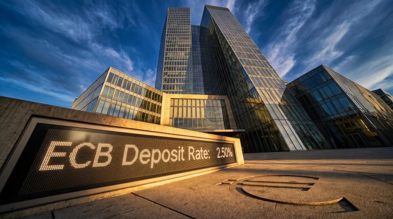 ECB headquarters Frankfurt with 2.50% deposit rate display as tightening cycle signals further hikes in 2026