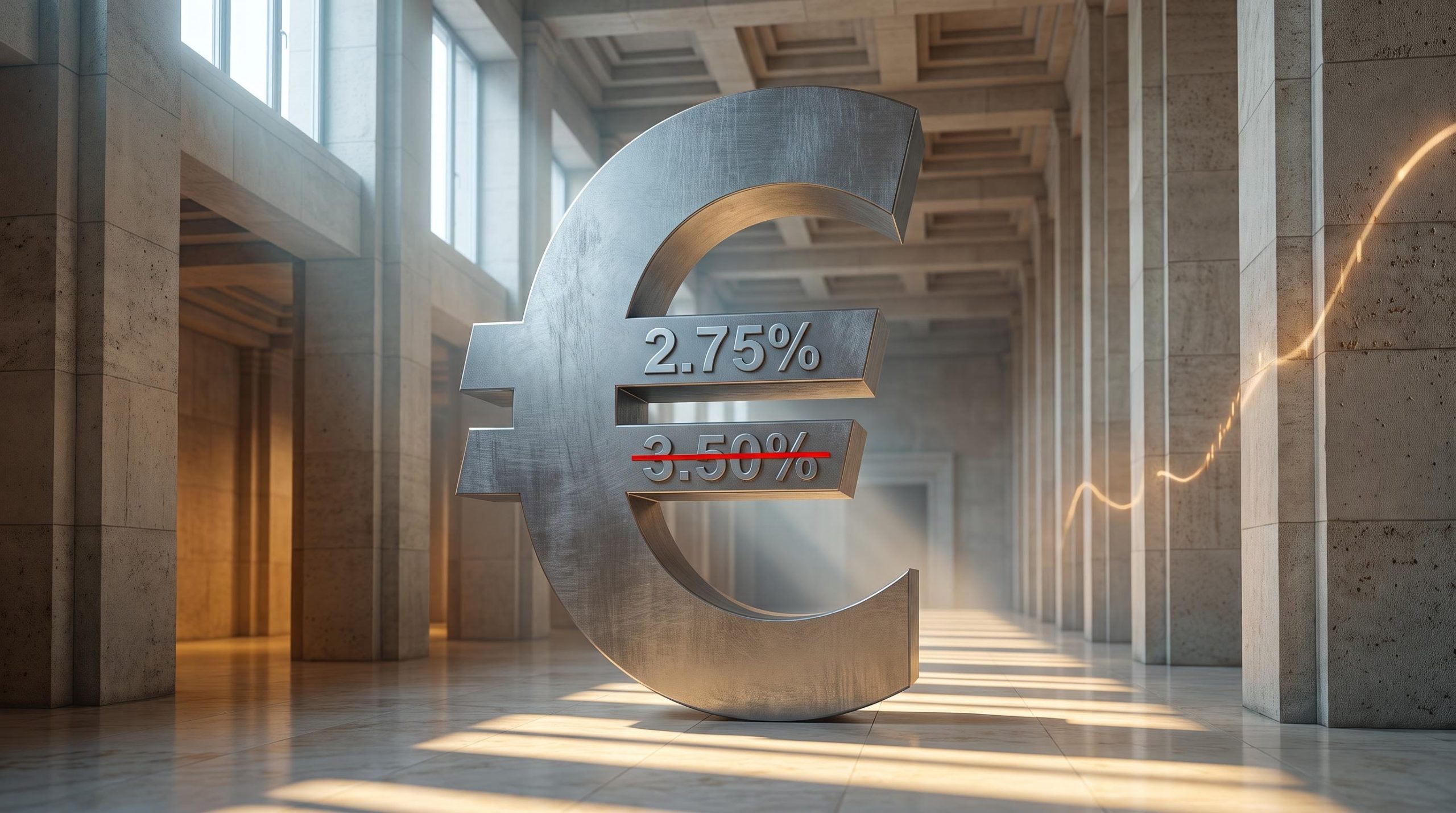 Euro symbol engraved with ECB rate figures 2.75% vs 3.50% inside a grand institutional corridor
