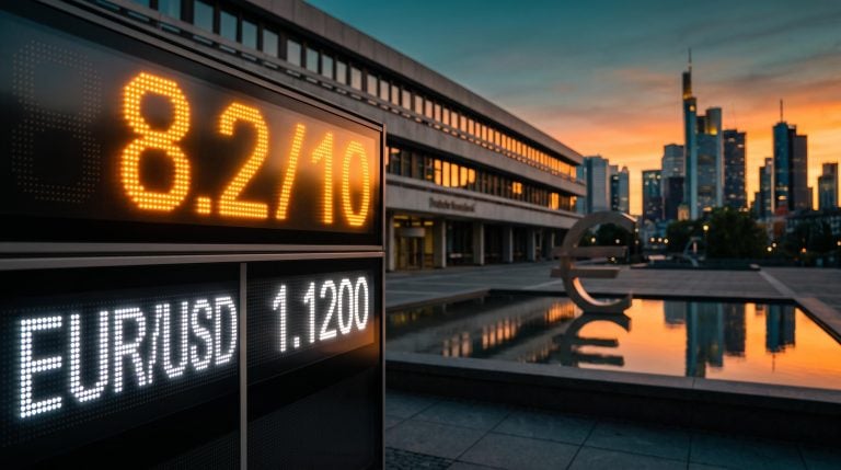 Amber 8.2/10 hawkish score display beside steady EUR/USD 1.1200 in Frankfurt, showing ECB rate hike expectations already priced