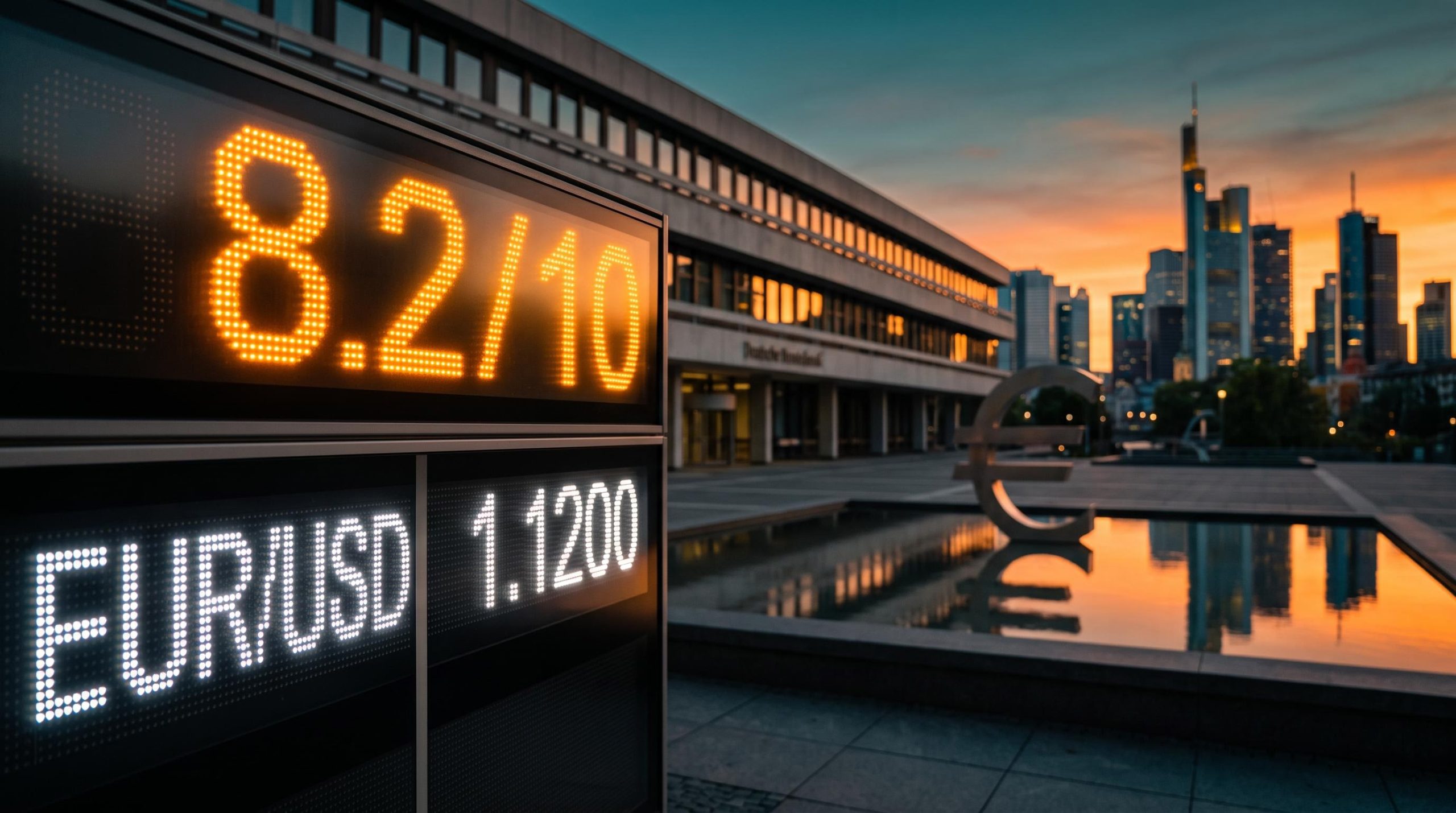 Amber 8.2/10 hawkish score display beside steady EUR/USD 1.1200 in Frankfurt, showing ECB rate hike expectations already priced