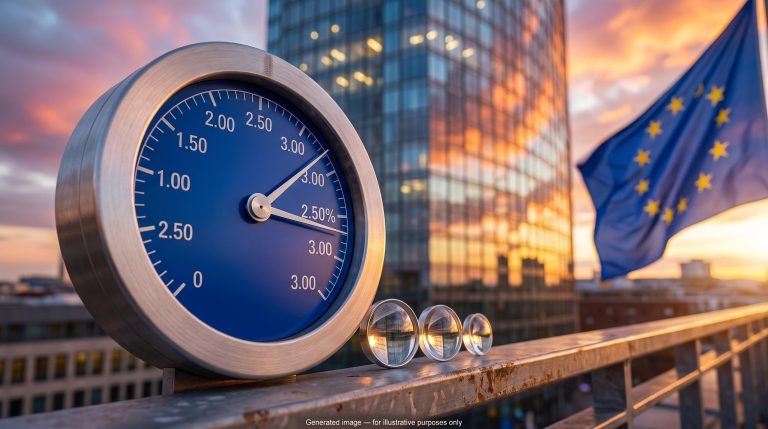 ECB rate hike implications: dial reading 2.50% before the Eurotower in Frankfurt at golden hour