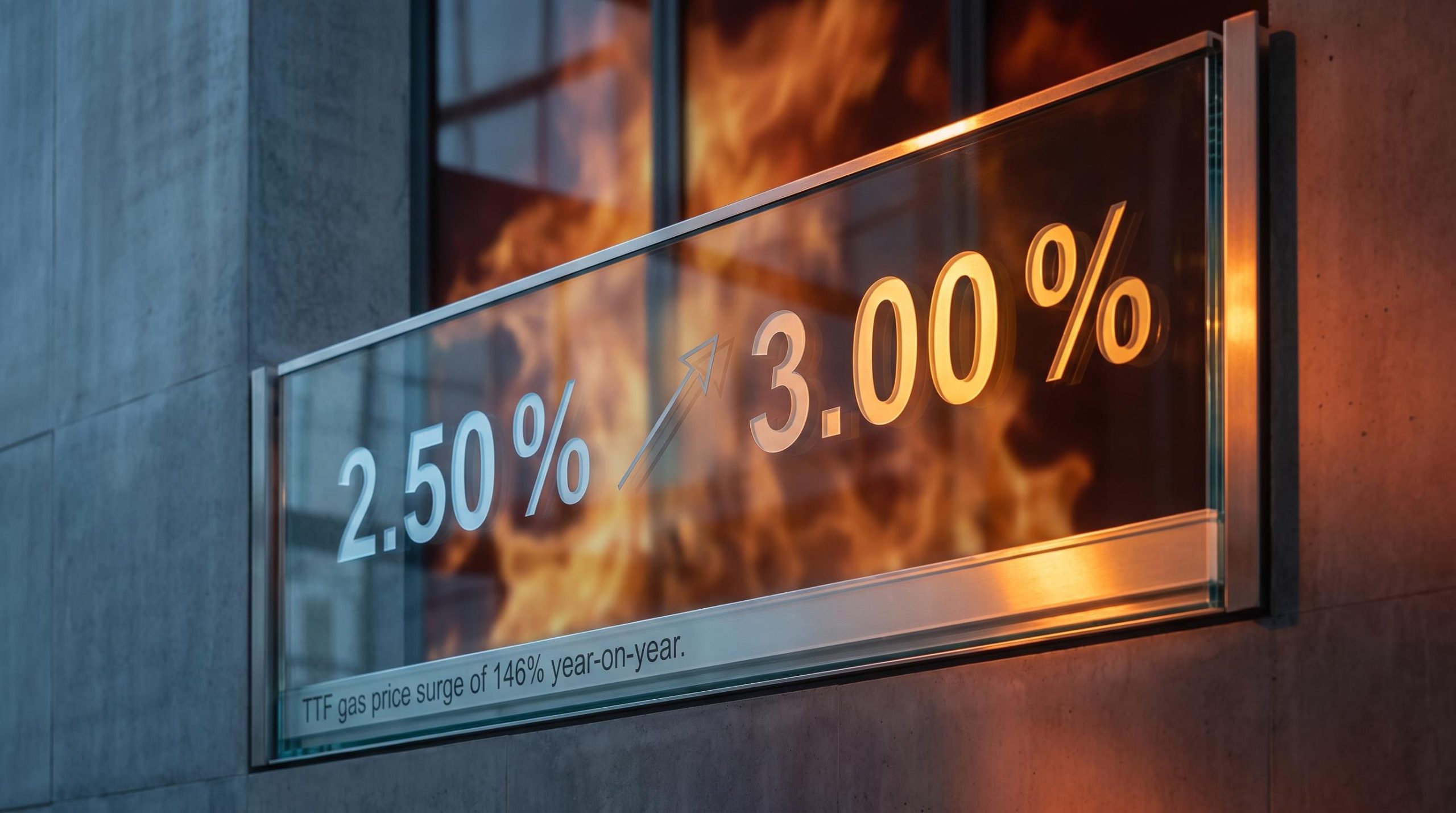 ECB rate panel showing 2.50% to 3.00% path against amber gas-price surge backdrop, ECB rate hike outlook