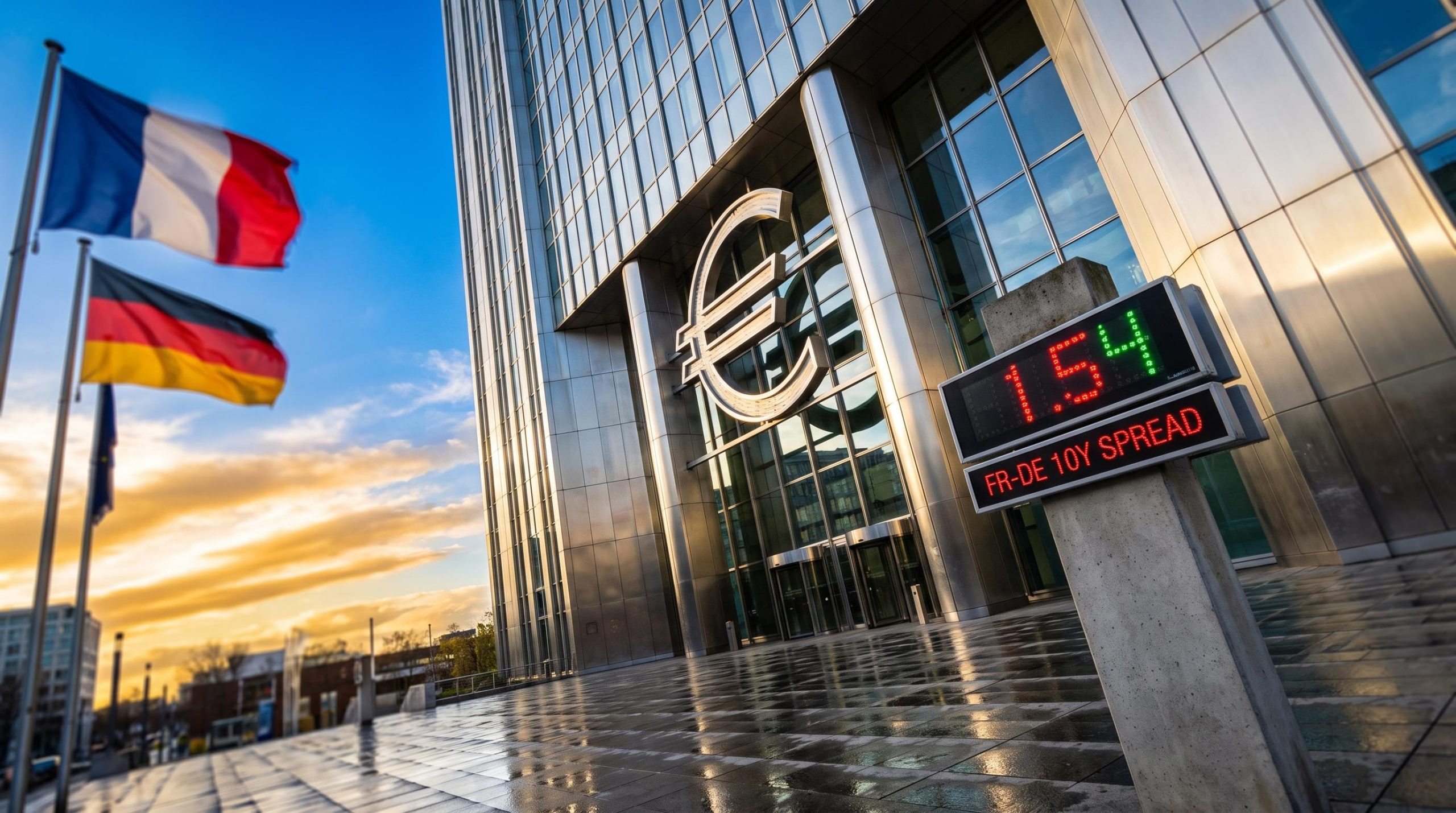 ECB rate hikes French bond selloff: ticker showing 1.54 spread before a Frankfurt central bank tower with French and German flags