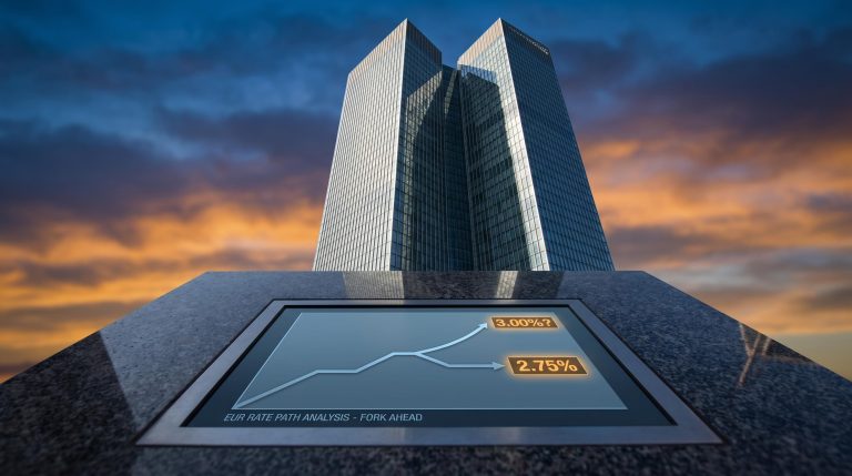 ECB Frankfurt tower at dusk with rate-path screen showing 2.75% and 3.00%? fork — ECB rate outlook analysis
