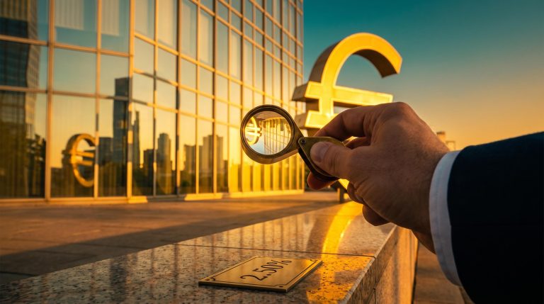 ECB Frankfurt euro sculpture seen through a magnifying loupe with 2.50% plaque, framing the ECB rate outlook