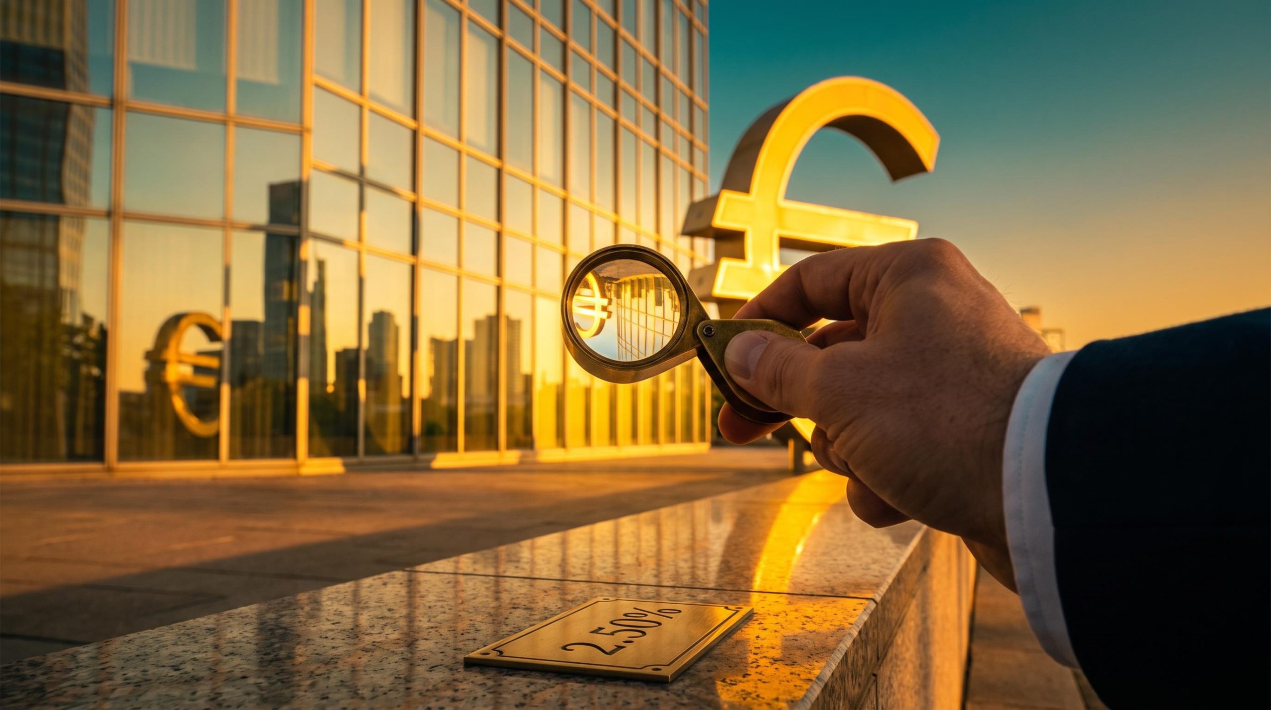 ECB Frankfurt euro sculpture seen through a magnifying loupe with 2.50% plaque, framing the ECB rate outlook