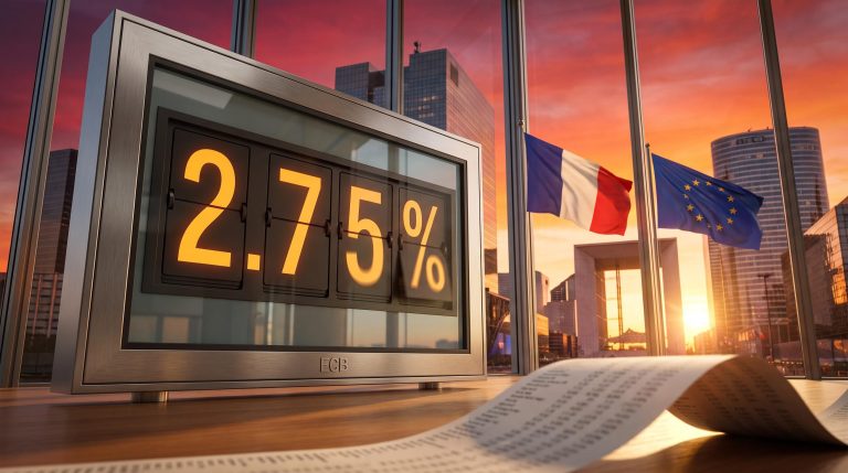 ECB rate pause: amber 2.75% rate board against Paris skyline at sunset with French and EU flags as Citi flags French debt strain