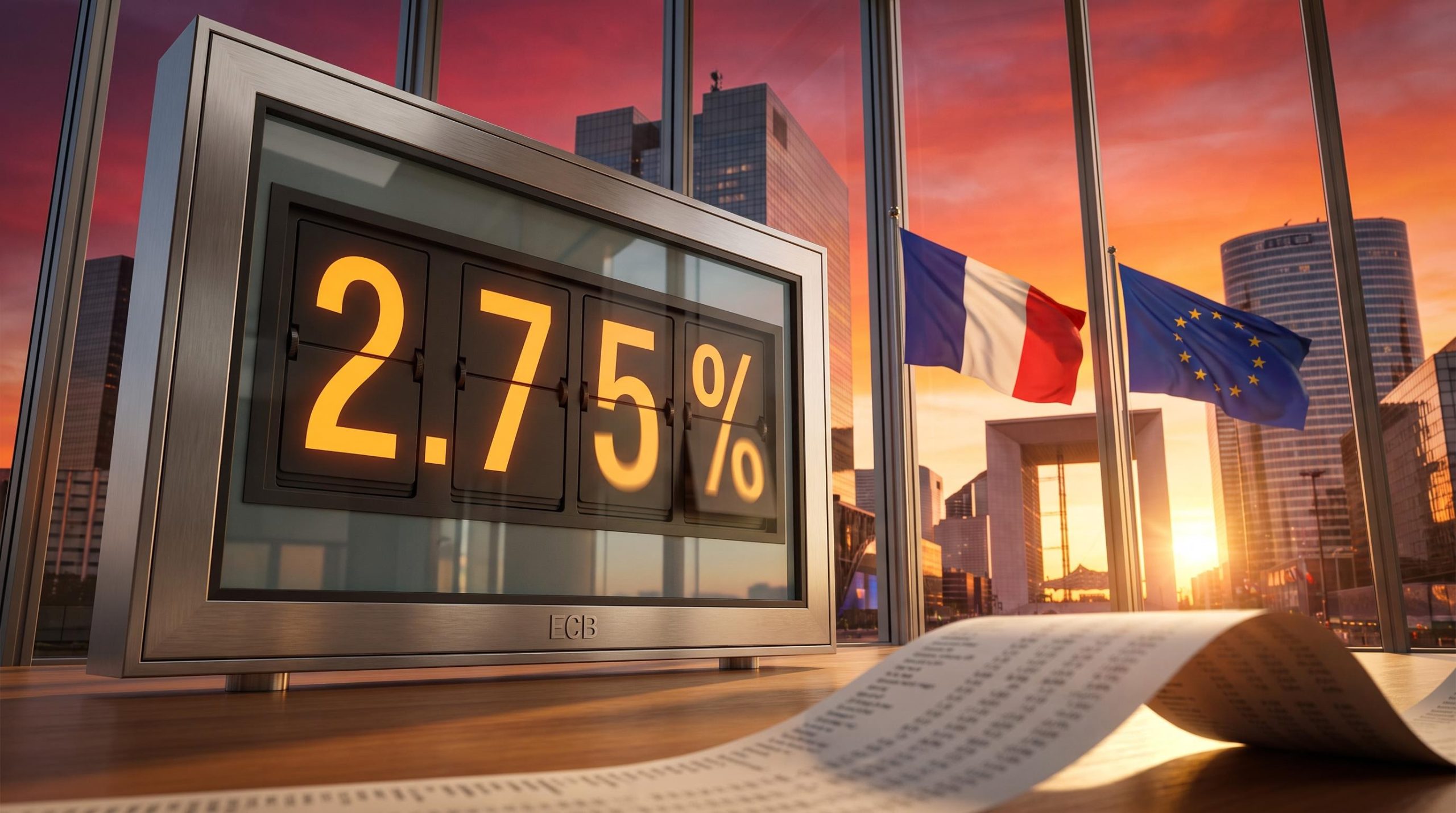 ECB rate pause: amber 2.75% rate board against Paris skyline at sunset with French and EU flags as Citi flags French debt strain