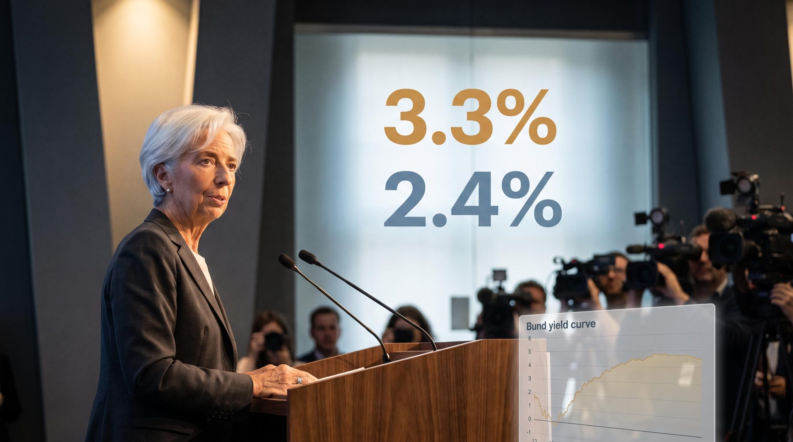 Christine Lagarde at ECB September press conference with 3.3% headline and 2.4% core inflation figures in contrast