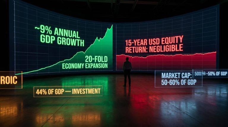 Trading floor data wall showing China's 9% GDP growth versus negligible equity returns, illustrating economy vs stock market divergence