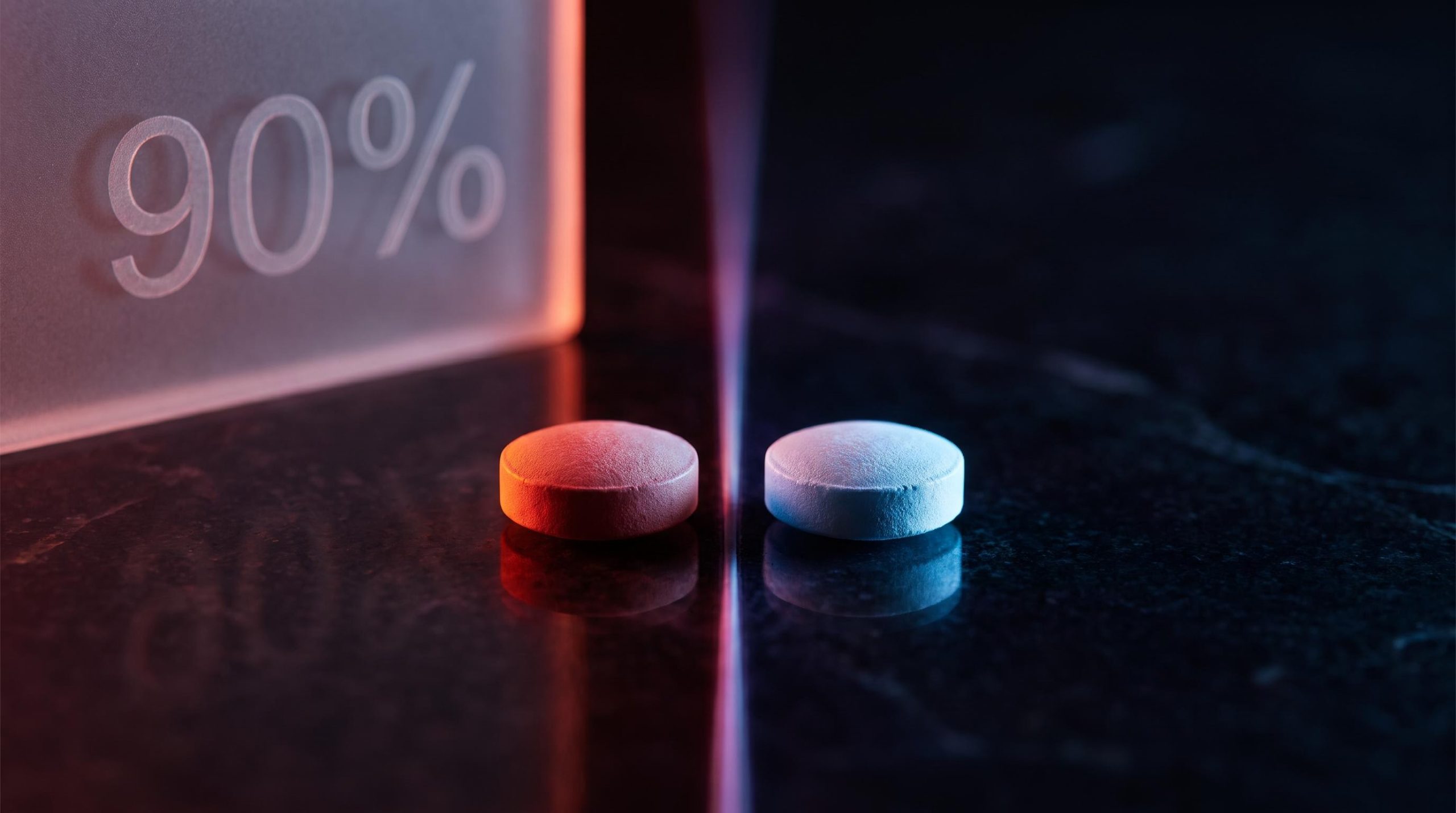 Two oral GLP-1 pills in opposing red and blue light with 90% market share figure — Eli Lilly vs Novo Nordisk analysis