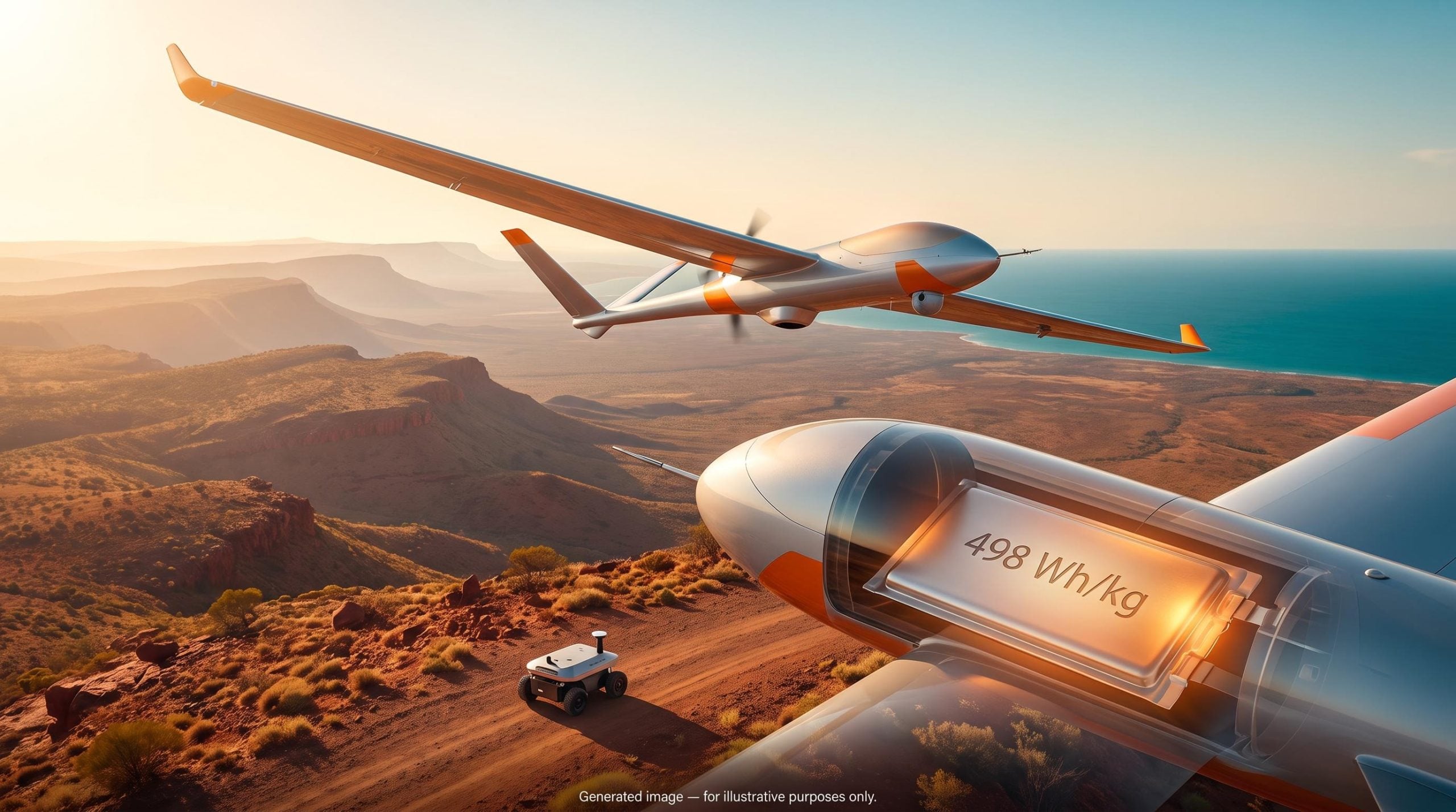 Long-endurance drone over outback with battery cell cutaway showing 498 Wh/kg, illustrating energy density uncrewed platforms
