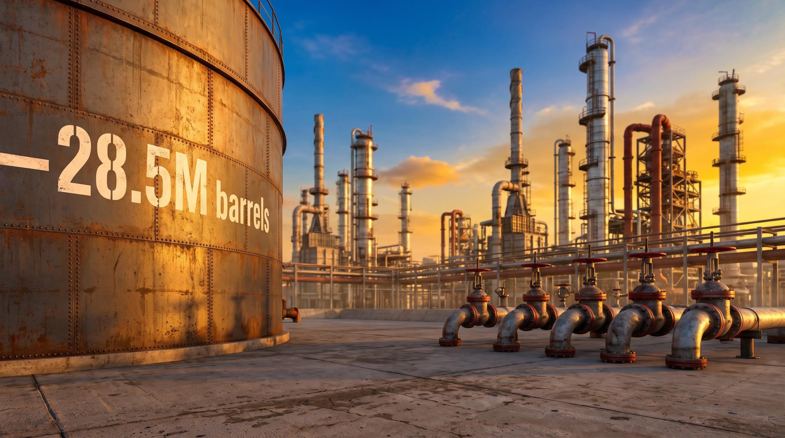 Idle refinery manifolds and storage tank marked "-28.5M barrels" visualising energy inflation for investors