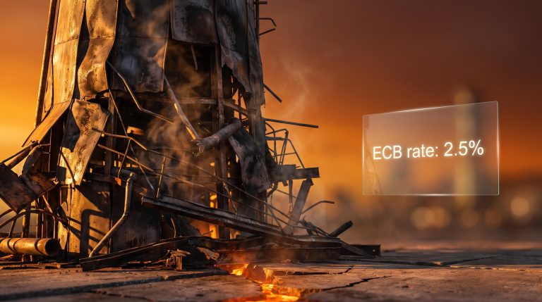 Scorched oil refinery tower with ECB 2.5% rate overlay, illustrating energy shock European inflation transmission