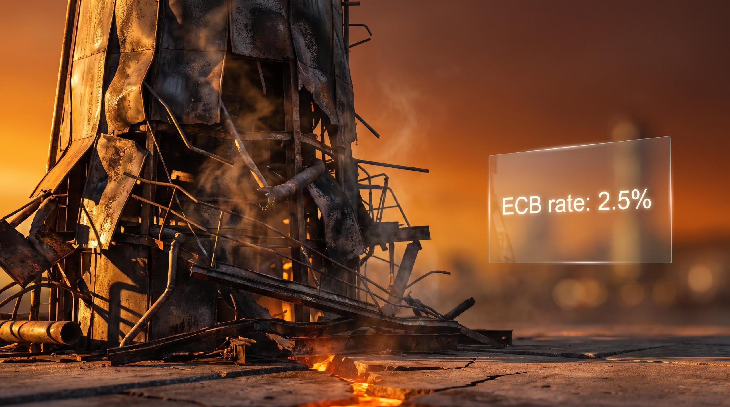 Scorched oil refinery tower with ECB 2.5% rate overlay, illustrating energy shock European inflation transmission