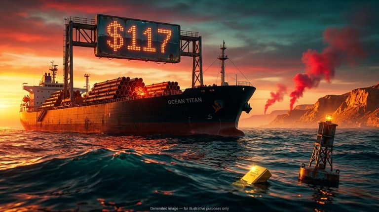 Oil tanker in the Strait of Hormuz with a "$117" sign as energy stocks surge in the Iran war while gold slides