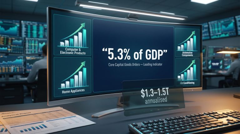Professional terminal showing core capital goods orders data with 5.3% of GDP highlighted as a recession leading indicator