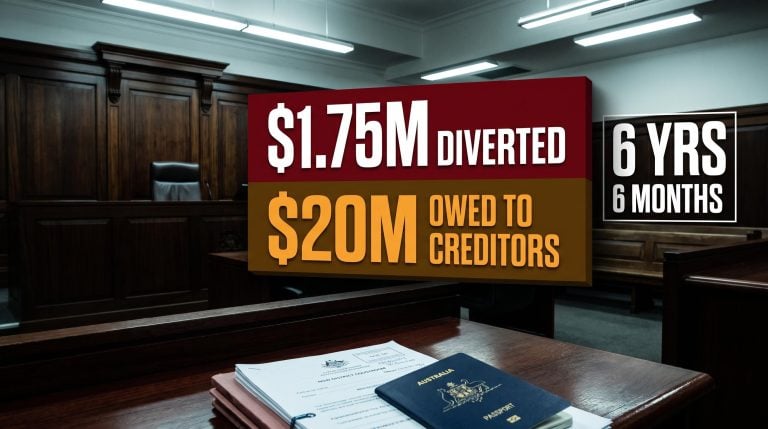 NSW District Court panel showing $1.75M diverted and $20M owed as Equitable Financial Solutions director jailed 6.5 years