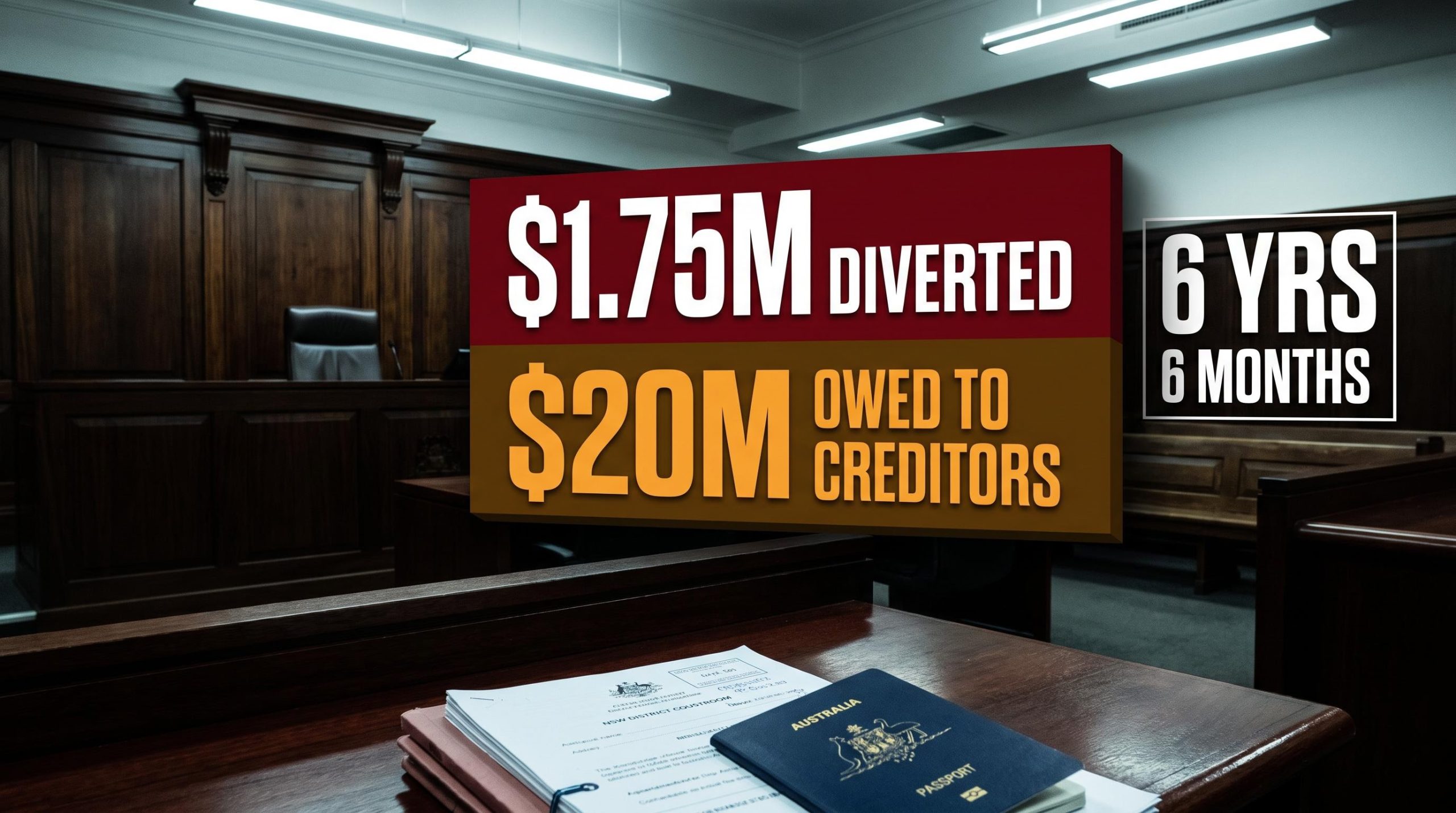 NSW District Court panel showing $1.75M diverted and $20M owed as Equitable Financial Solutions director jailed 6.5 years
