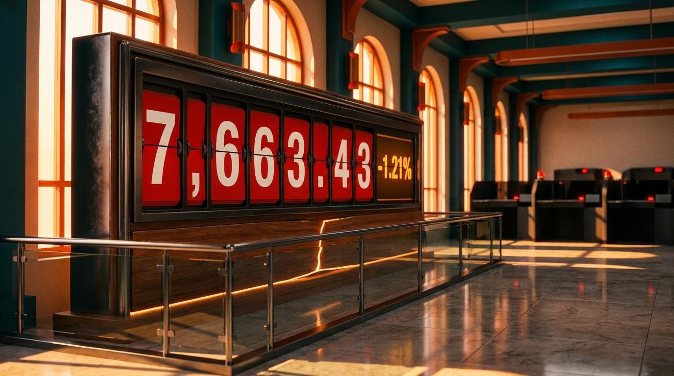 Trading hall split-flap board showing S&P 500 at 7,663.43 and -1.21% as equity rally support thins