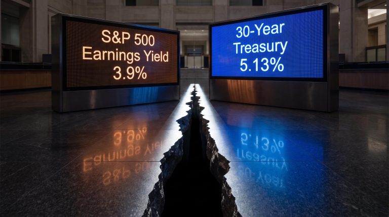 S&P 500 earnings yield of 3.9% vs 30-year Treasury 5.13% — equity risk premium gone negative