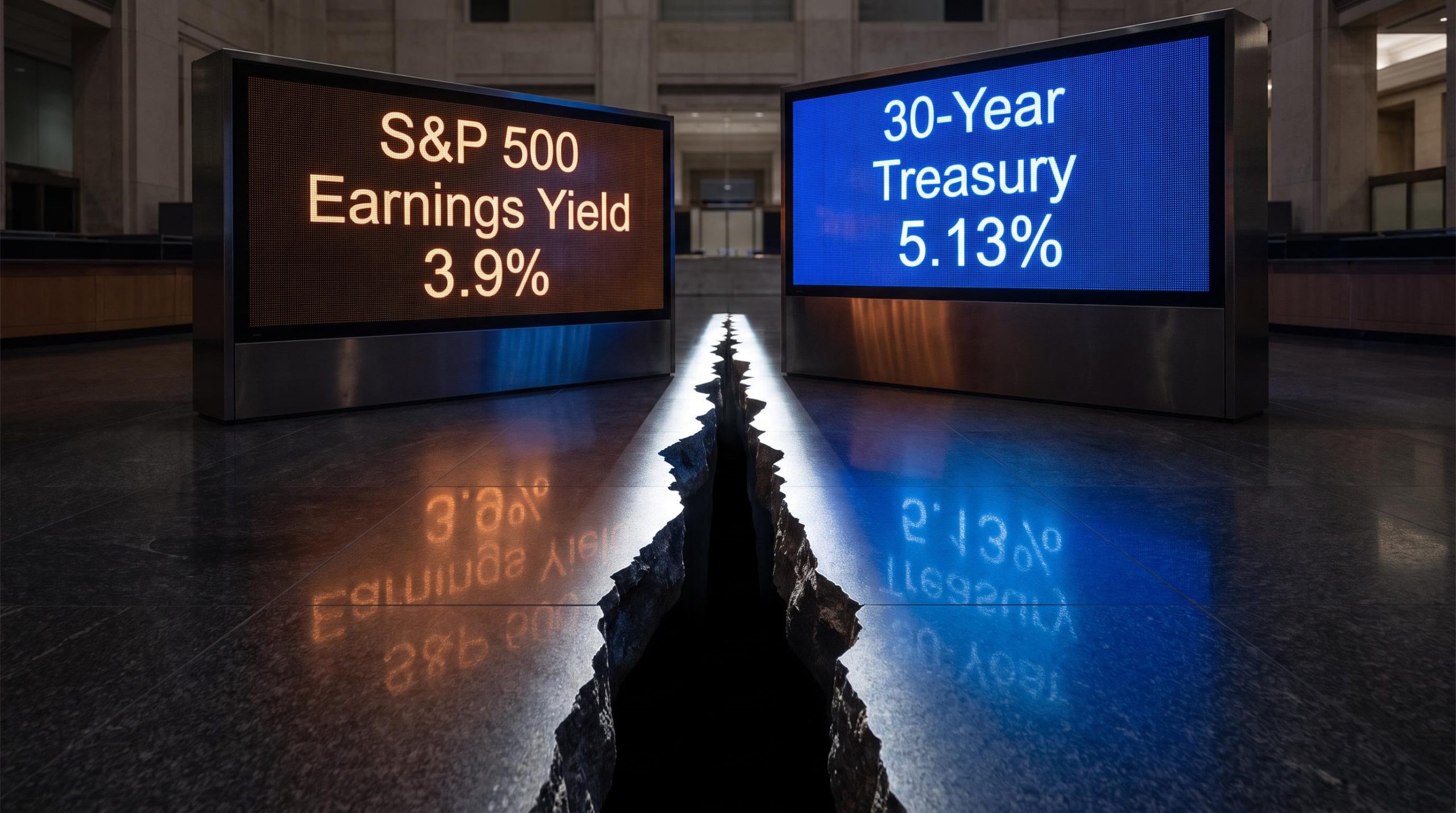 S&P 500 earnings yield of 3.9% vs 30-year Treasury 5.13% — equity risk premium gone negative